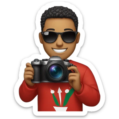 A face wearing sunglasses and a smile, holding a Canon camera in one hand, an iPhone in the other hand, and wearing a Moroccan national team shirt.  sticker