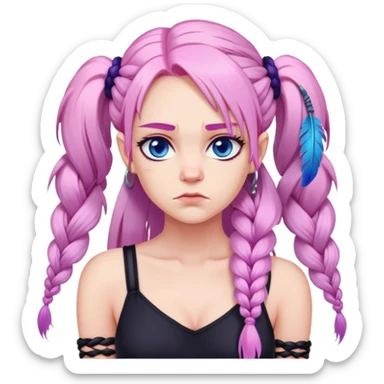 Long-pale-pastel-pink-hair with one braid on each side, grumpy expression, purple-pink feather-ear-cuffs in hair, black bodysuit, blue eyes, pink iris sticker