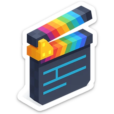 voxel style movie clapperboard with rainbow stripes, isometric view sticker