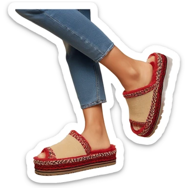 Camel color chunky platform slip-on mule UGG slippers. thin red woven zig-zag trim line detail on the cuffing sticker