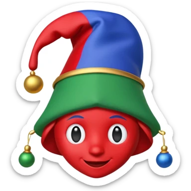 A 3D cartoon jester hat in red, blue, and green with bells, simple light background, Memoji-style rendering. sticker