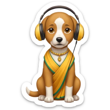 dog, saree dress with headphone, yellow sticker