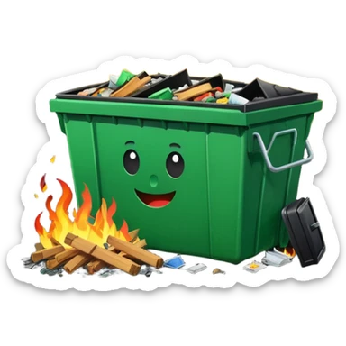 Bright green happy dumpster with an open black lid and a large fire burning only inside it. there is litter and trash on the ground around it not burning sticker