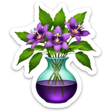 Still life, small size translucent glass vase full of vivid and bold hyperrealistic purple passion flowers, green leaves. Sitting on an antique wooden dark color table  sticker