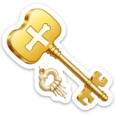 Radiant vitamin K2 appearing as a bright golden key next to a bone that glows with a magical light. The key and bone are connected by shimmering particles, showing how K2 unlocks bone strength and health. sticker