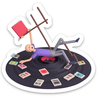 A stick figure falling into a pit full of vinyl records, like a 'Danger Zone' sign sticker