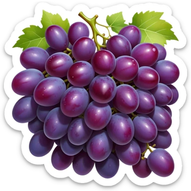 Cinematic glossy purple grapes, plump and dewy, gathered in a beautiful cluster, deep rich hues, ultra-detailed, fresh and juicy, soft glowing light. sticker