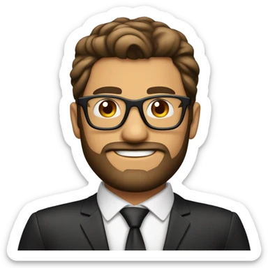 Hombre de 30 años con gafas y barba abierta con cabello negro y ojos color cafe con traje sticker