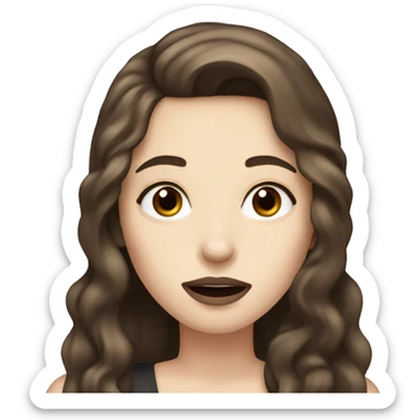 a girl with long brown hair, hazel eyes, pale skin, dark lips, singing into a microphone sticker