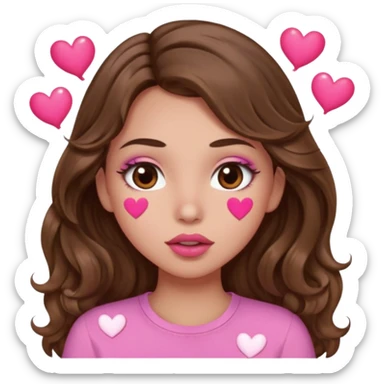 girl with long wavy brown hair, brown eyes, light to medium complexion, in a pink shirt, pink lips, long lashes, puckering lips kissing, blushing with hearts sticker