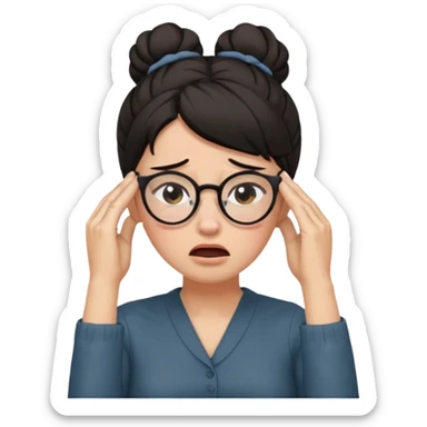 dark haired woma with hair a high bun, wearing glasses covering ears and crying sticker