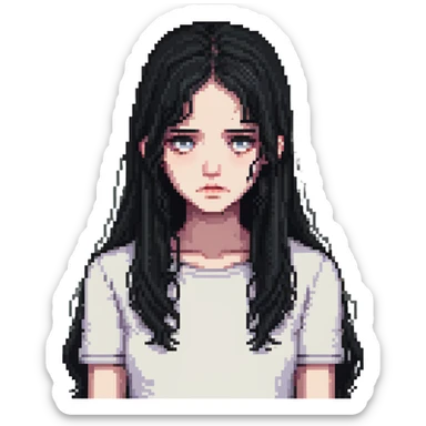 pale girl with long black hair, sad expression sticker
