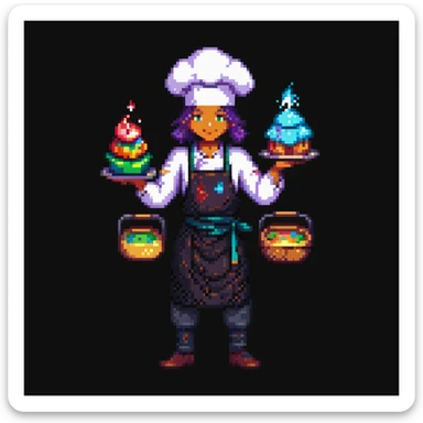 Portrait of a transcendent baker with shifting forms and layered outfits from different realities, glowing with epic energy, skeuomorphism style sticker