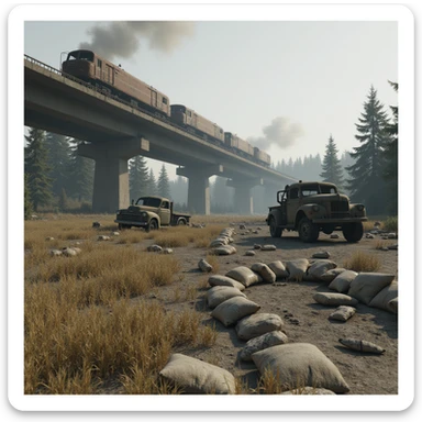  a screenshot of a location in a videogame  the image of the scene consists of:  [above-ground train freeway partially collapsed], a wooded area, a small field of wheat, sandbag barricades. distant smoke. uneven terrain, derelict vintage work trucks, more distant smoke. polluted and war-torn sticker