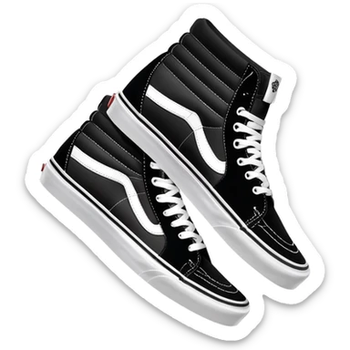 Black Vans Sk8-Hi high top shoes arranged as a pair with one slightly behind the other, classic black with white jazz stripe and white sole sticker