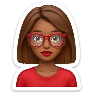 It creates a girl with brown skin, hair a little below her shoulders, just a little, pretty clear glasses, wearing red clothes and red lipstick. sticker