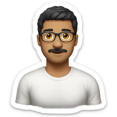 Latino man with mustache, 25 years old, weight 80 kilos.  with clear frame glasses and a short haircut with bangs, gold earrings and a white t-shirt. sticker