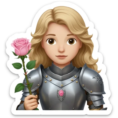 A knight in armor with long wavy dark blonde hair holding a light pink rose  sticker