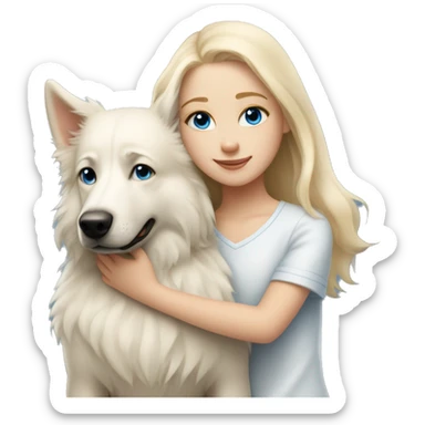 Blond girl with blue eyes cuddles a white Sheppard dog  sticker