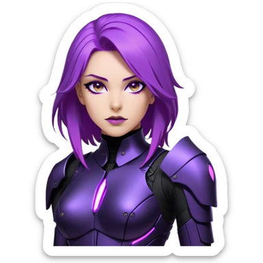 A sleek warrior woman with flowing purple hair, her sharp violet eyes glowing with quiet intensity. She wears a form-fitting black armored suit with smooth, seamless plating, a fusion of high-tech design and elegant minimalism. The matte black surface subtly reflects the dim ambient light, highlighting the streamlined contours of her suit. A slim, obsidian blade rests at her side, its edge barely visible in the soft glow of floating digital glyphs around her. Her expression is poised—calm, calculated, and unwavering, standing against a gradient-lit backdrop, where darkness meets the faintest hint of neon luminescence. sticker