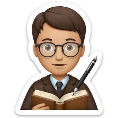 man hold a pen in hand write in book , wearing glasses sticker