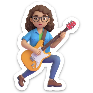 curly brown-haired girl with brown-framed glasses, wearing a shirt, playing guitar, emoji style, music therapy internship sticker