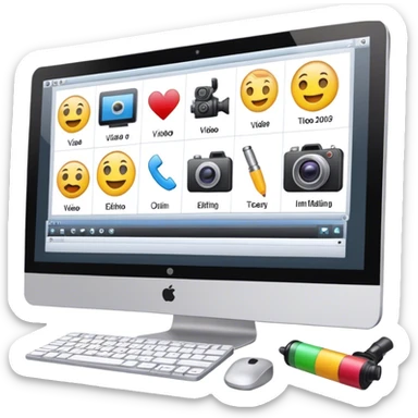 Create an emoji of video editing. Should feature a video editing timeline or interface on a computer screen, showing clips and a playhead. Include a video camera and editing tools. No fucking smiley faces. Make the background transparent. sticker