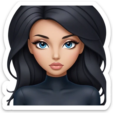 Glamours, tanned, very beautiful girl, with big pump peach-beige-rose lips, long long lashes, black straight smooth silky long hair, straight parting hair, blue-grey eyes in black long-sleeves bodysuit sticker
