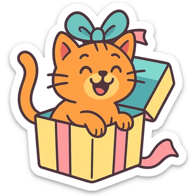 cat inside a gift box with a ribbon on head, smiling, pastel-toon style sticker