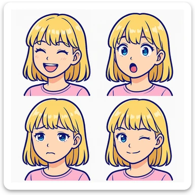 Create four different facial expressions: happy, surprised, sad, and winking. Keep the character with blonde hair with bangs, wearing a pink blouse, and having blue eyes. The style should resemble sticker style as closely as possible. sticker