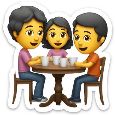 An emoji of a family—mother, father, and child—sitting at a table, playing a cup game with paper cups arranged on the table as they have fun together sticker