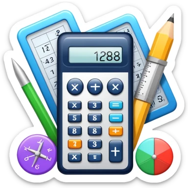An icon featuring mathematical formulas, a calculator, and geometric shapes, symbolizing mathematics. The design includes numbers, a ruler, and a compass, representing the study of numbers, logic, and equations. Transparent background highlights the science of calculation and analysis sticker