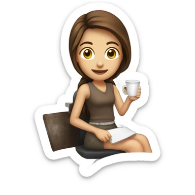 girl with brown hair sitting at computer with cup of coffee sticker