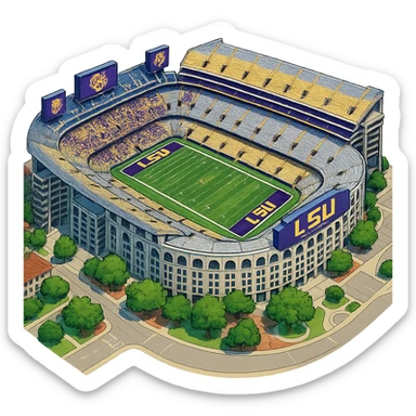 Изометричная, яркая, детализированная и фотореалистичная иллюстрация стадиона Tiger Stadium Louisiana в стиле 3D-коллажей городов, насыщенные цвета, аккуратные линии, мультяшно-реалистичная стилистика. Чёткие контуры, прозрачный фон, высокое качество. sticker
