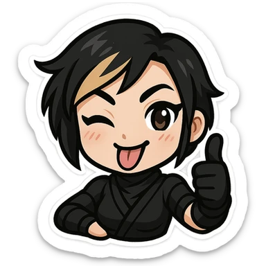 Make the expression weird-cute: sexy chibi ninja girl with black short hair and a blonde streak, only head and arms, giving a thumbs up, bold outlines, transparent background, no mask, tongue out and one eye winking, sized for Twitch emoji use. sticker
