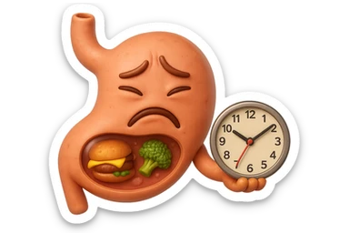 EMOJI STILE IPHONE 3D DI UNo stomaco umano con espressione dolornate, ha del cibo visibile dentro che non sta digerendo. in mano tiene un orologio da muro, iperrealistico 4k sticker