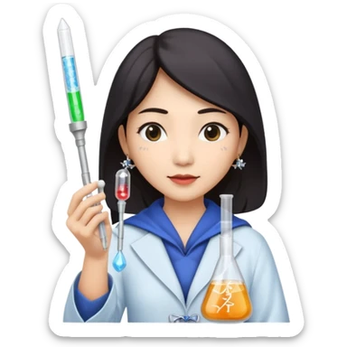 emoji of an asian woman wizard who wields a micropipette as a wand and a DNA helix spell coming from the pipette wand sticker