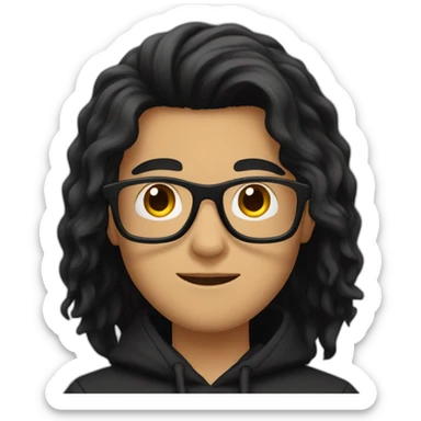 Guy with long black hair and square glasses and black hoodie sticker