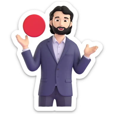 Business strategist with black wavy hair, stubble, chiseled face, wearing blazer and button-up shirt, giving an inspirational TED-style talk about innovation on a minimalist stage with red circle, dynamic speaking pose sticker