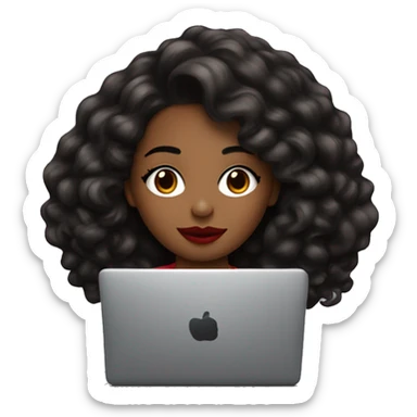 una chica de cabello negro mediano con labial rojo y ojos marrones con una laptop sticker
