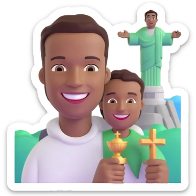 smiling black man with big teeth, standard male haircut, oval face, with Christ the Redeemer statue in the background, Rio de Janeiro, no glasses sticker