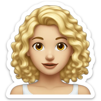 Fille blonde ,cheveux bouclé détaché et pas coiffé  long jusque au millieu du dos et volumineux,teint blanc , yeux bleu visage un peu carré sticker