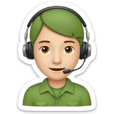 Modern flat emoji of a call center employee in a green uniform with a headset, friendly expression, minimalist design, bright colors, white or transparent background. sticker