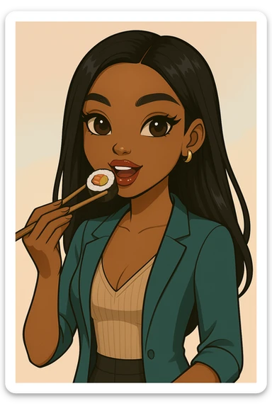 Change her pose to eating sushi with chopsticks, headshot only, 20-year-old anime Bratz style woman with dark skin, straight hair, trendy outfit, big expressive eyes, glossy lips, no hat, no tears, happy expression, both eyes open, looking straight ahead. sticker