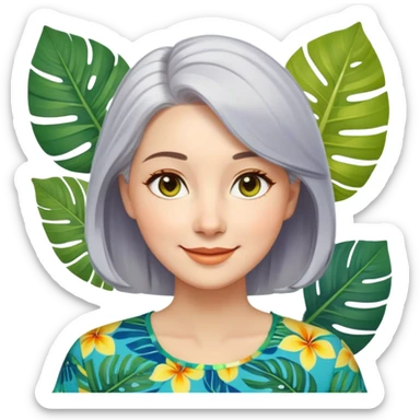 A woman with light complexion, oval face with soft rounded features, full cheeks, gentle almond-shaped eyes with subtle smile lines, silver-gray hair parted to the side, wearing a vibrant short-sleeved blouse with tropical leaf print in blue, green, and yellow, exuding warmth and joy. sticker