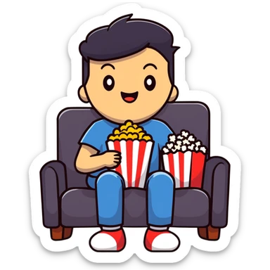 Person sitting comfortably on couch watching movie with popcorn in hand, excited expression sticker