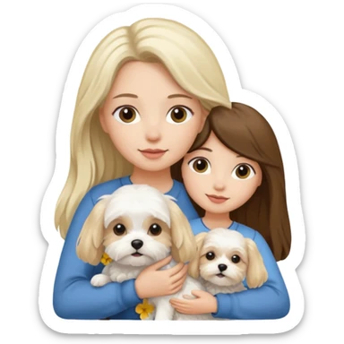 two women are holding only one Maltese dog. one woman is brunette the other woman is blonde long haired  sticker