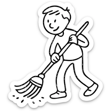 hand-drawn outline of a person sweeping with a broom, simple and playful sticker