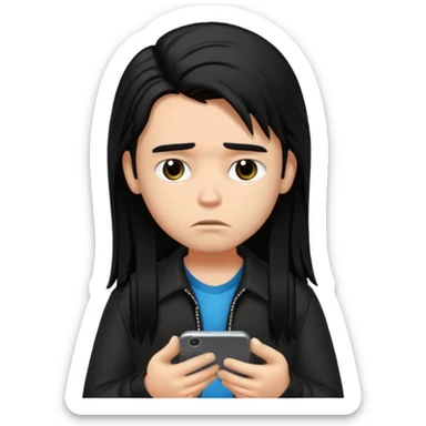 a PRETTY BRATZ boy with black long hair , using his phone and looking sad sticker