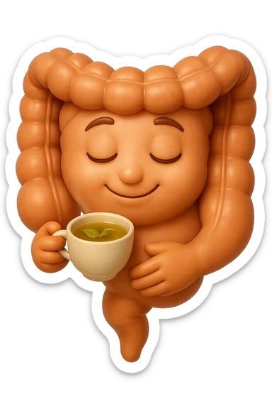 emoji stile iphone 3d di intestino umano sereno che si tocca la pancia mentre sorseggia un thè alle erbe, iperrealistico 4k sticker